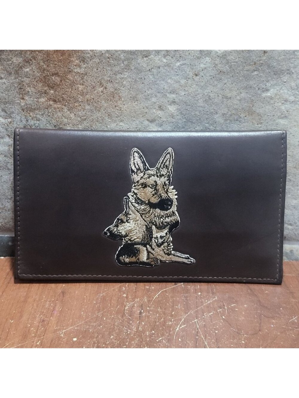 Genuine Leather Checkbook Cover Embroidered German Shepherd Dogs